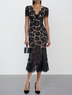 Black Lace Edge Lace V Neck Short Sleeve Mermaid Midi Dress