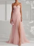Light Blue Ruched Slit Chiffon Strapless Sleeveless Sheath Gown Dress