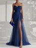 Navy Blue Ruched Slit Tulle Strapless Sleeveless Sheath Gown Dress
