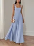 Light Blue Pleated Square Neck Sleeveless A-Line Maxi Dress