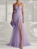 Light Blue Ruched Slit Chiffon Strapless Sleeveless Sheath Gown Dress
