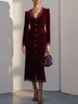 Wine Red Lace Buckle Velvet V Neck Long Sleeve Sheath Midi Dress