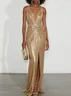 Golden Rhinestone Ruched Sequin V Neck Sleeveless Sheath Gown Dress