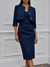 Women Navy Blue Buckle Crew Neck Three Quarter Sleeve Dressy Coat With Dress Two-Piece Dress