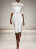 White Lace Classic Mock Neck Half Sleeve Sheath Midi Dress