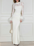 White Feather-trimmed Lace Knit Crew Neck Long Sleeve Sheath Maxi Dress
