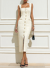 Off White Buckle Slit Tweed Square Neck Sleeveless Sheath Midi Dress