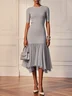 Gray Asymmetric Knit Crew Neck Half Sleeve Mermaid Midi Dress