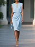 Light Blue Ruched Cut Out Classic Crew Neck Cap Sleeve Sheath Midi Dress