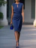 Purplish Blue Ruched Cut Out Classic Crew Neck Cap Sleeve Sheath Midi Dress