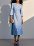 Blue Floral Jacquard Classic Crew Neck Three Quarter Sleeve A-Line Midi Dress