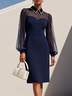 Navy Blue Mesh Rhinestone Classic Shirt Collar Long Sleeve Balloon Sleeve Sheath Midi Dress