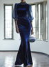 Royal Blue Rhinestone Velvet Stand Collar Half Sleeve Mermaid Maxi Dress