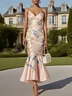 Pink Floral Satin Spaghetti Gallus Mermaid Midi Dress