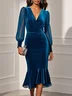Cyan Mesh Velvet V Neck Long Sleeve Puff Sleeve Mermaid Midi Dress