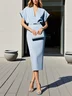Light Blue Slit Classic V Neck Short Sleeve Dolman Sleeve Sheath Midi Dress With Belt