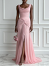 Pink Ruched Slit Formal Dress Cowl Neck Sleeveless A-Line Gown Dress