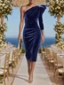 Royal Blue One Shoulder Three Quarter Sleeve Sheath Midi Velvet Dress