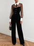 Women Black Mesh Velvet Buckle Long Sleeve Dressy Jumpsuit