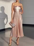 Rose Gold Pleated Satin Strapless Sleeveless A-Line Midi Dress
