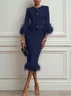 Women Tweed Purplish blue Feather-trimmed Buckle Crew Neck Three Quarter Sleeve Dressy Coat With Skirt Two-Piece Set
