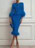 Women Tweed Blue Feather-trimmed Buckle Crew Neck Three Quarter Sleeve Dressy Coat With Skirt Two-Piece Set