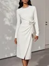 White Rhinestone Bow Classic Crew Neck Long Sleeve Sheath Midi Dress