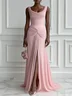 Pink Ruched Slit Formal Dress Cowl Neck Sleeveless A-Line Gown Dress