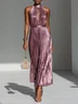 Rose Gold Pleated Cut Out Classic Halter Sleeveless A-Line Maxi Dress