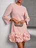Pink 3D Floral Classic Crew Neck Long Sleeve Shift Mini Dress