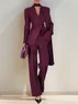 Women Wine Red Buckle Shoulder Pad Lapel Collar Long Sleeve Dressy Coat With Pants Two-Piece Set