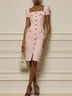 Pink Buckle Slit Tweed Square Neck Short Sleeve Sheath Midi Dress