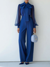 Women Royal Blue Mesh Bow Tie Neck Long Sleeve Dressy Jumpsuit