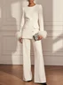 Women White Buckle Feather-trimmed Crew Neck Long Sleeve Dressy Top With Pants Two-Piece Set