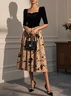 Khaki Floral Velvet Sweetheart Neckline Half Sleeve A-Line Midi Dress