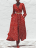 Red Polka Dots Ruched Classic V Neck Sleeveless A-Line Maxi Dress