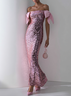 Pink Bow Sequin Off The Shoulder Short Sleeve Mermaid Maxi Dress