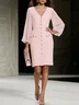 Pink Buckle Tweed V Neck Long Balloon Sleeve Sheath Midi Dress