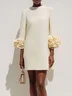 Off White 3D Floral Classic Crew Neck Three Quarter Sleeve Shift Mini Dress