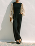 Women Black Mesh Crew Neck Long Sleeve Dressy Jumpsuit