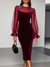 Wine Red Mesh Velvet Crew Neck Long Sleeve Bell Sleeve Sheath Knee Length Dress
