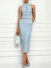 Women Blue Tweed Buckle Rhinestone Turtleneck Sleeveless Dressy Top With Skirt Two-Piece Set