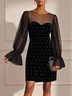 Black Hotfix Embellished Mesh Velvet Crew Neck Long Sleeve Bell Sleeve Sheath Mini Dress