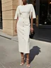 White Buckle Classic Crew Neck Short Sleeve Sheath Midi Dress