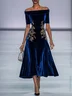 Deep Blue Applique Gathered Velvet Off The Shoulder Half Sleeve A-Line Midi Dress