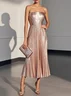 Rose Gold Pleated Satin Strapless Sleeveless A-Line Midi Dress