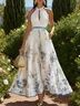 White Pleated Floral Chiffon Halter Sleeveless A-Line Maxi Dress