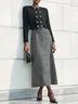Women Black Buckle Slit Crew Neck Long Sleeve Dressy Coat With Skirt Two-Piece Set