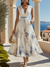 White Pleated Floral Chiffon V Neck Sleeveless A-Line Midi Dress