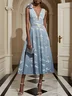 Light Blue 3D Floral Chiffon V Neck Sleeveless A-Line Maxi Dress